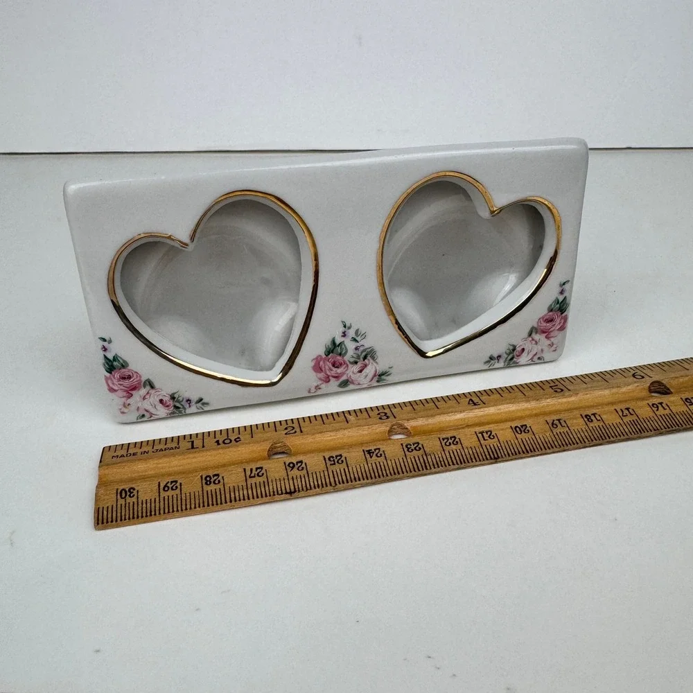 Vtg Double Heart Tabletop‎ Small Pic Photo Frame Ceramic Porcelain Grannycore